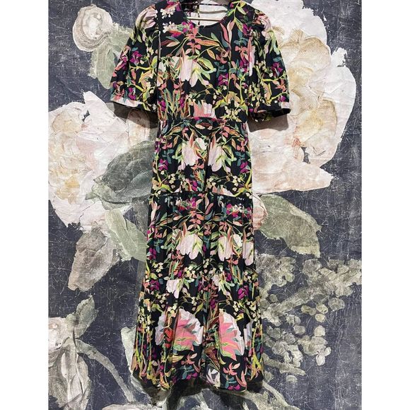 New Anthropologie x Condition Apply Floral Tiered  Maxi Dress Puff Sleeves Sz L - Picture 5 of 8